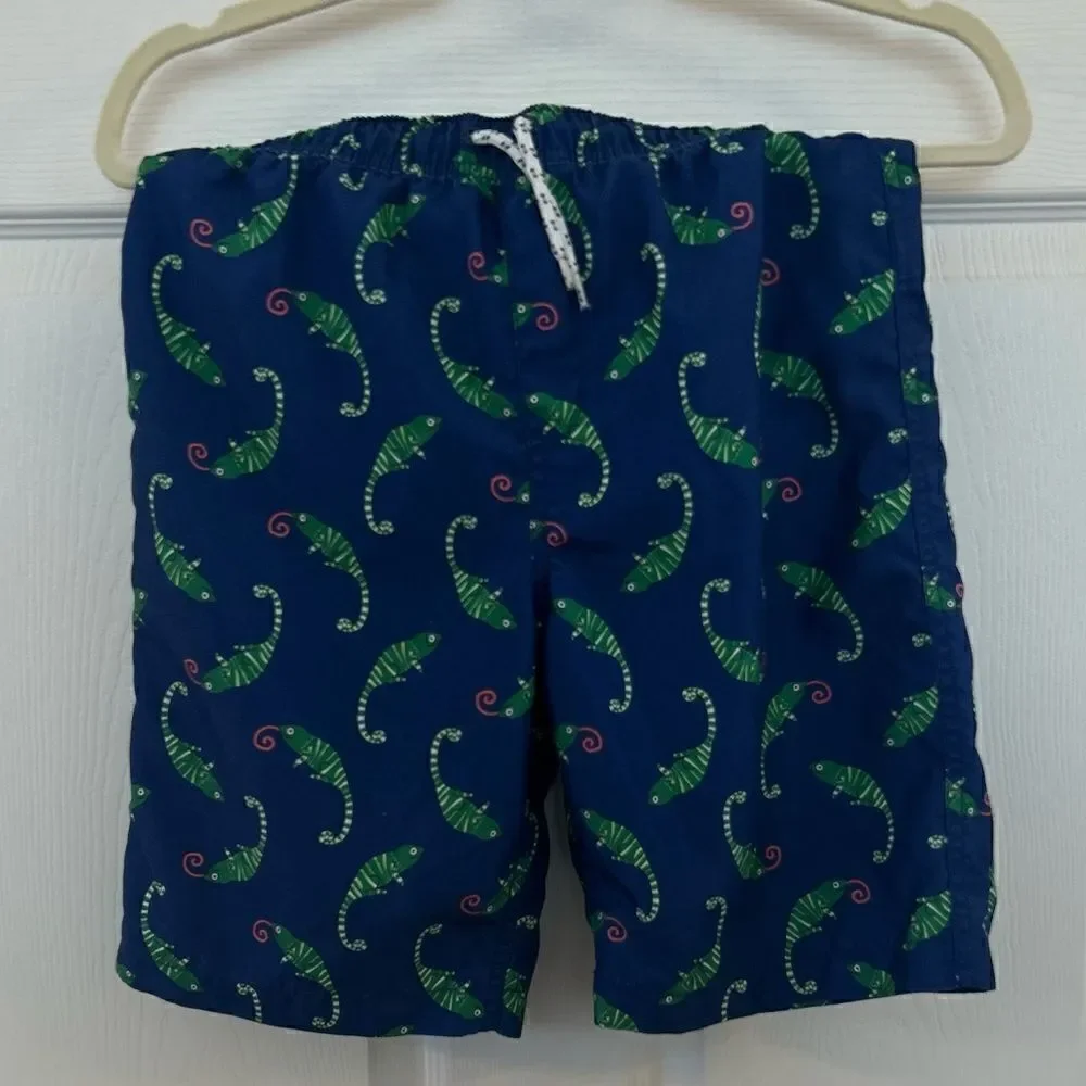 Lands End Swim boys 14-16 swim trunks blue with iguanas EUC with netting liner